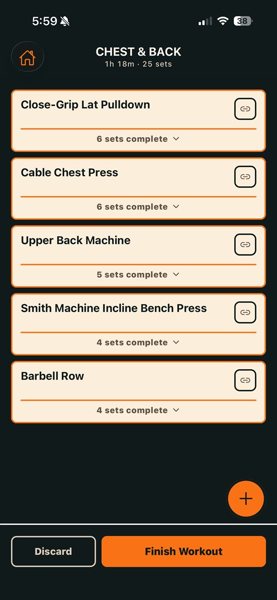 A chest and back workout in progress, five exercises